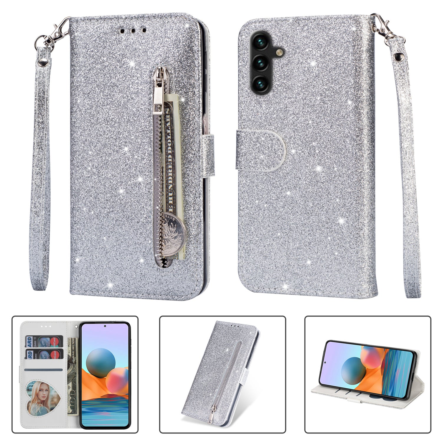 For Samsung Galaxy A55 5G Cell Phone Case Zipper Pocket Wallet Glitter Leather Drop-proof Cover - Silver For Samsung Galaxy A55 5G Cell Phone Case Zipper Pocket Wallet Glitter Leather Drop-proof Cover - Silver